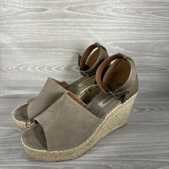 Steve Madden JYIA Espadrille Wedge‎ Sandals Size 10 Brown Suede Leather Peep Toe - Picture 2 of 11